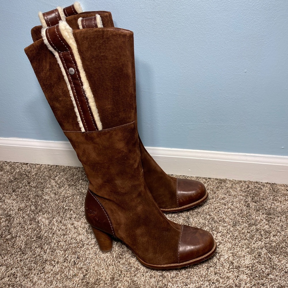 UGG‎ Womens 7.5 Tall Boots Suede Leather Shearling Brown Heeled Sexy